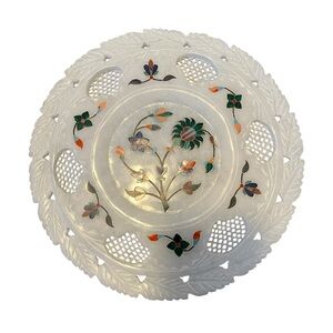 White Marble floral inlay decorative jali style handcrafted plate